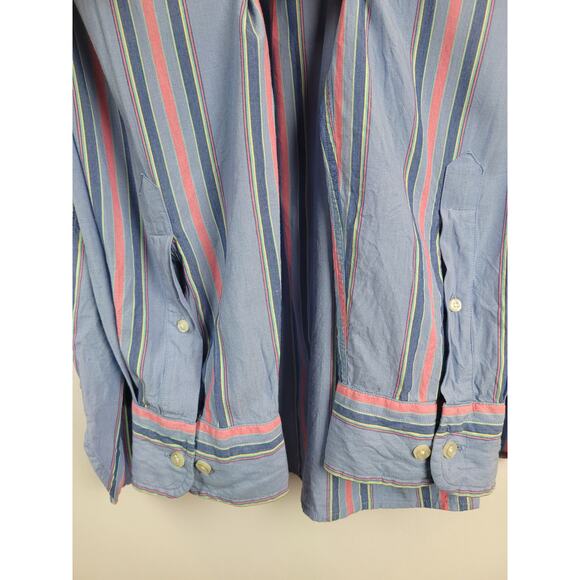 Lands End Men's Striped Button Up Shirt with Floral Flip Cuff Blue Salmon Sz XL - Picture 9 of 10